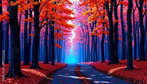 Majestic Autumn Forest Pathway Lined with Vibrant Red and Orange Trees Leading to a Mysterious Blue-Hued Horizon with Leaf-Covered Ground