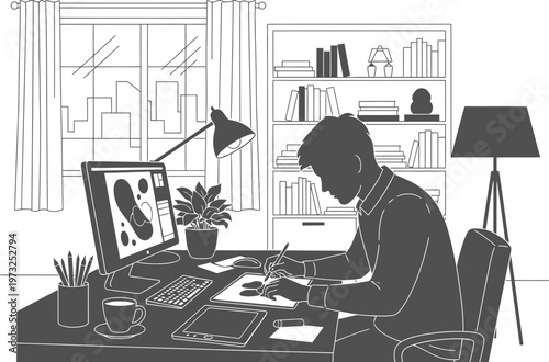 Creative artist working at complex home office desk line art
