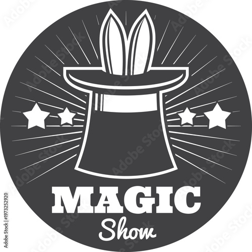 Elegant magic show logo featuring a top hat and stars for enchantment.