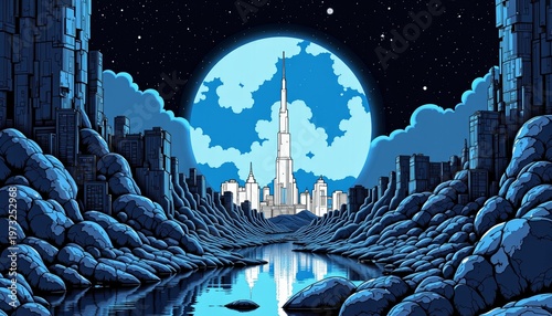 Futuristic Cityscape with Towering Structures Illuminated by Moonlight Amidst Rocky Terrain and a Reflective Waterway Under a Starry Night Sky