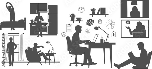Daily life activity montage silhouette showing work and home routines