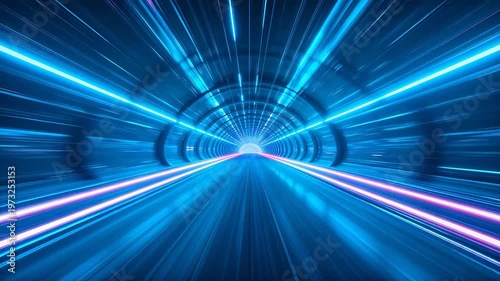 Neon light tunnel with red blue glowing motion trails and reflection