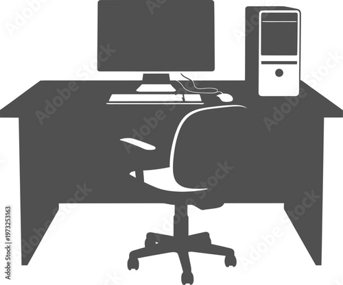 Desktop computer workstation silhouette with tower and swivel chair