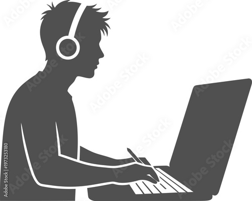Digital artist using stylus and laptop with headphones