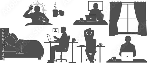 Diverse silhouettes of people working remotely in various home settings