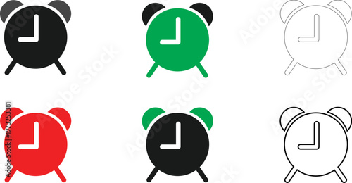 Collection of Alarm Clock Icons in Flat Solid Colors and Minimalist Line Art Styles