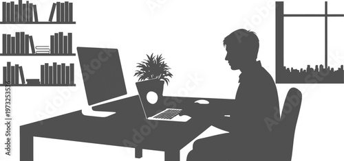 Freelancer silhouette working at home office desk with bookshelves and city view window