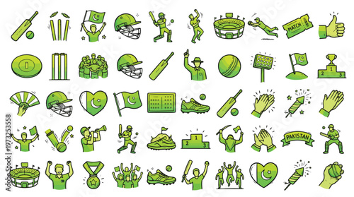 Pakistan Cricket Doodle Icon Set in Hand-drawn Style. A collection of Pakistani sports Linear Icons, Including bat, ball, flag, stadium, trophy, helmet, player, wicket, umpire