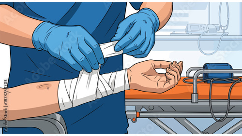 Medical Bandaging Procedure: Healthcare Professional Applying Dressing to Patient's Arm