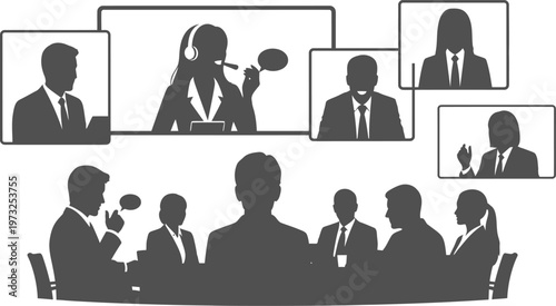 Hybrid corporate meeting with in-person team and remote video participants