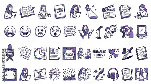 Pakistani Drama Acting Icon Set in Doodle Style. A collection of Drama Linear Icons, including script, stage, actress, rehearsal, clapperboard, theater, hijab, emotions, and more. Vector.