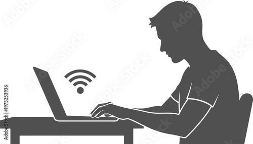 Male silhouette using laptop with wireless internet signal symbol
