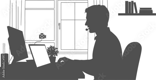 Male silhouette wearing headset participating in a video conference call