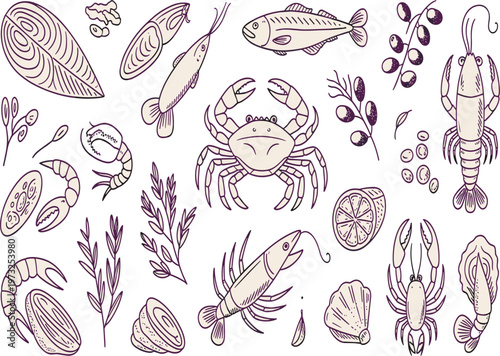 Seafood collection set with crab, shrimp, fish, and mussels, hand drawn vintage vector illustration