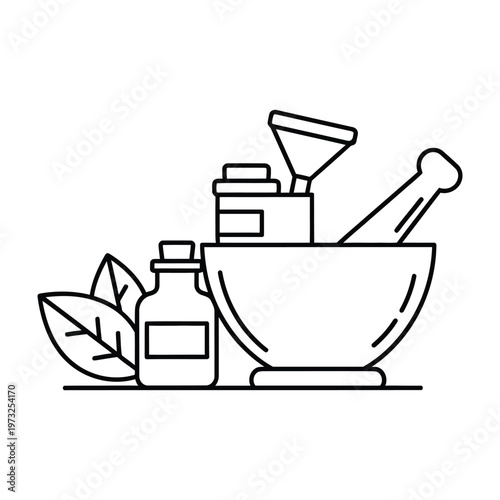 Herbal medicine ingredients with mortar and pestle with alternative medicine with traditional medicine with medicine bottle with line art