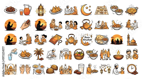 Pakistani Ramadan and Eid Traditions Set in Hand-Drawn Style. A collection of Islamic culture Linear Icons, Including Iftar, mosque, prayer, family, dates, food, Islam, and more. Vector art.