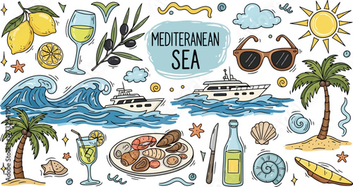 Summer Mediterranean Sea Doodle Icon Set
