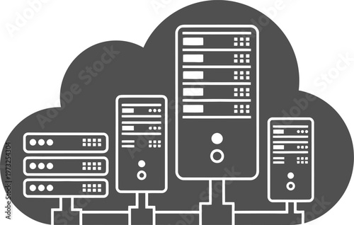 Multiple server units organized within a cloud representing scalable computing power