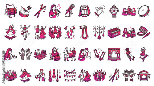 Pakistani Wedding Celebration Icon Set in Doodle Style. A collection of Culture Linear Icons, including dhol, henna, bhangra, doli, mehndi, music, dance, jewelry, bride, groom