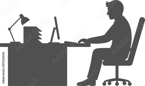 Office worker at desk with desktop monitor and lamp silhouette