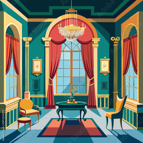 Elegant Victorian interior with chandelier and ornate furnishings