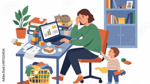 Frustrated professional at desk with laptop and messy home office. Stressful telecommuting, video call fatigue, and work-life balance struggles in flat vector style.