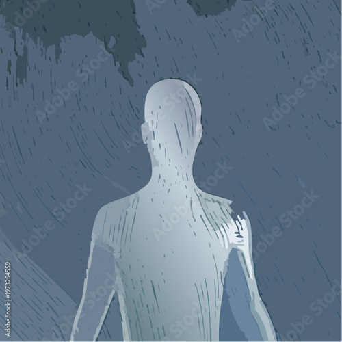 Abstract human figure with glowing lines representing energy and consciousness.