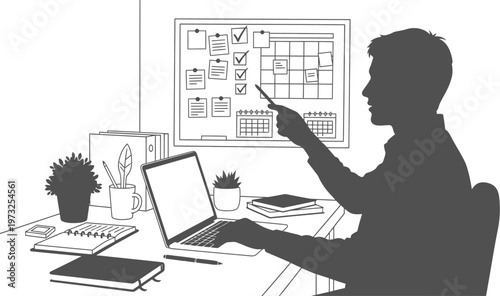 Professional pointing at a task board while working at a desk silhouette