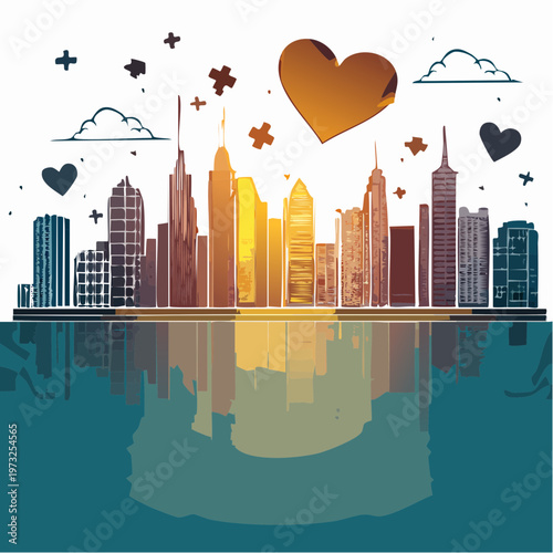 Cityscape with Reflective Water and Stylized Elements.