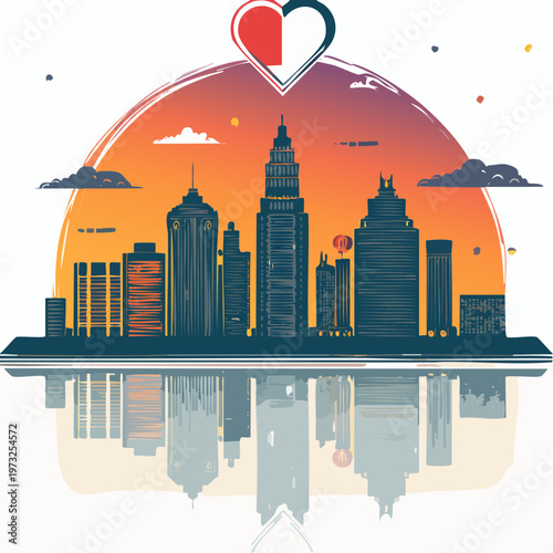 City skyline with heart and reflection.