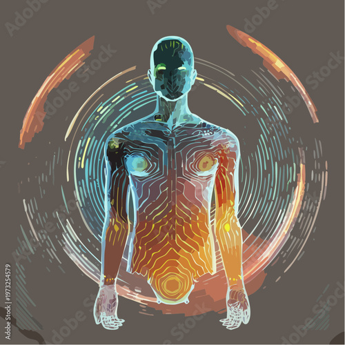Digital Human Body with Circuitry and Glowing Energy.