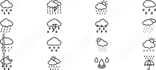 16 Modern Rain , Thunder and Sunny Outline Icon Set