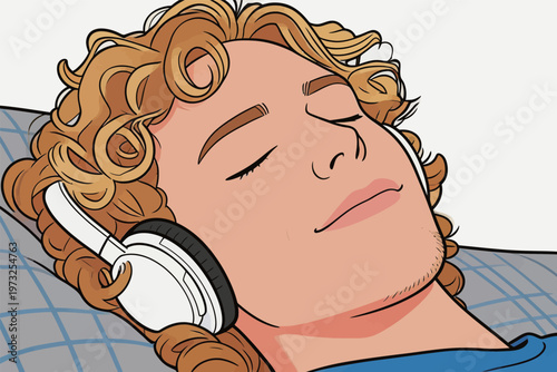 Man Sleeping with Headphones on Bed