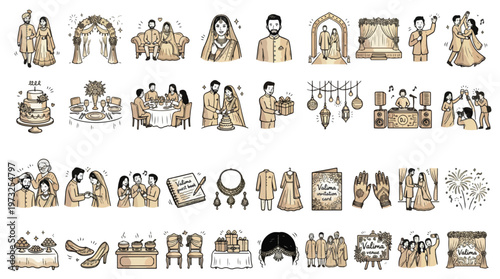 Pakistani Valima Wedding Set in Sketch Style. A collection of Pakistani Marriage Linear Icons, including bride, groom, reception, invitation, sherwani, lehenga, cake, jewelry, food