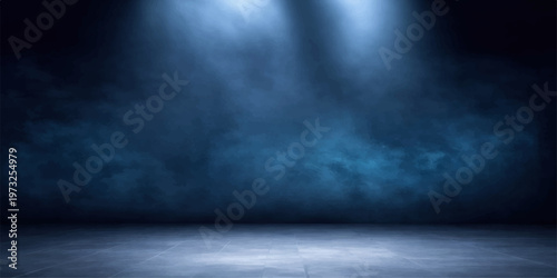 A dark grunge wall in a deep blue room features a textured backdrop of smoke and storm clouds under a faint moonlit night sky