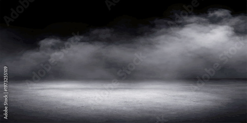 Dramatic dark stormy clouds with lightning and blue motion over a black night sea under an abstract moonlit sky