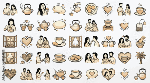Pakistani couple tea chai moment icons Set in Doodle Style. A collection of Pakistani Chai Linear Icons, Including teapot, biscuit, couple, heart, window, cup, tea, tradition, drink, and more. Vector.