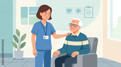 A compassionate female doctor offers gentle assistance and support to an elderly male patient, highlighting empathetic senior care. This Flat Design conveys kindness and dedicated medical service.