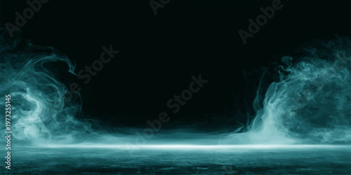 Abstract blue smoke and white water splash motion create a dark texture of fire and ice against a black background