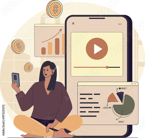 Professional woman engaging with financial content and analytics on digital devices