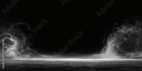 Abstract blue water splash and white smoke motion with dark storm clouds on a black background