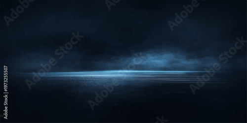 Dramatic blue lightning strikes through a dark abstract cloudscape over a stormy night sea with bright motion textures