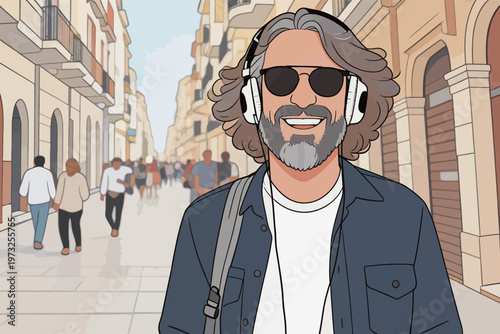 Smiling Man with Headphones on City Street