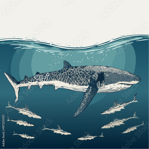 Majestic Whale Shark Swimming in Ocean with Smaller Fish.