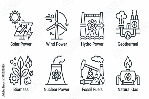 Various renewable and non-renewable energy sources icons displayed together
