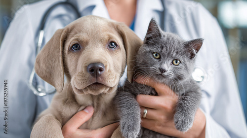 Caring vet holds cute puppy and kitten, pet health concept