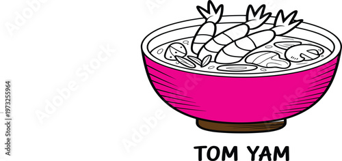 Thai Tom Yam spicy soup with shrimp and mushrooms, pink bowl Asian food vector illustration