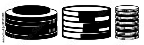 Digital coins set with stacked solid black icons on white background featuring cryptocurrency, coin illustration, digital currency with vector and minimalism