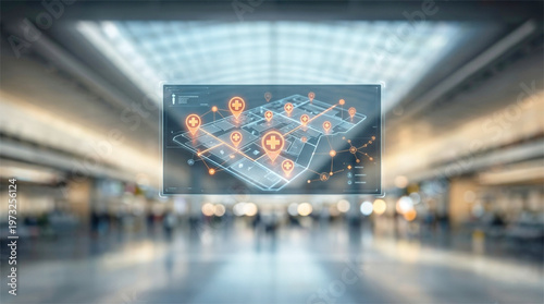 3D holographic map showing emergency medical points and AED locations in a large public building or airport concourse.