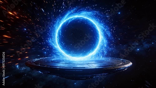 Blue glowing rotating energy ring with particles over circular platform in space